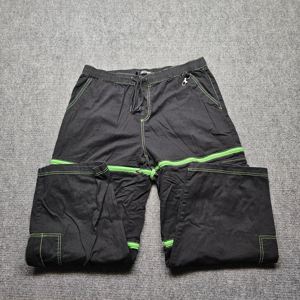 Hot Topic Convertible Cargo Pants Black Neon Green Stitching Zip Off Size 16